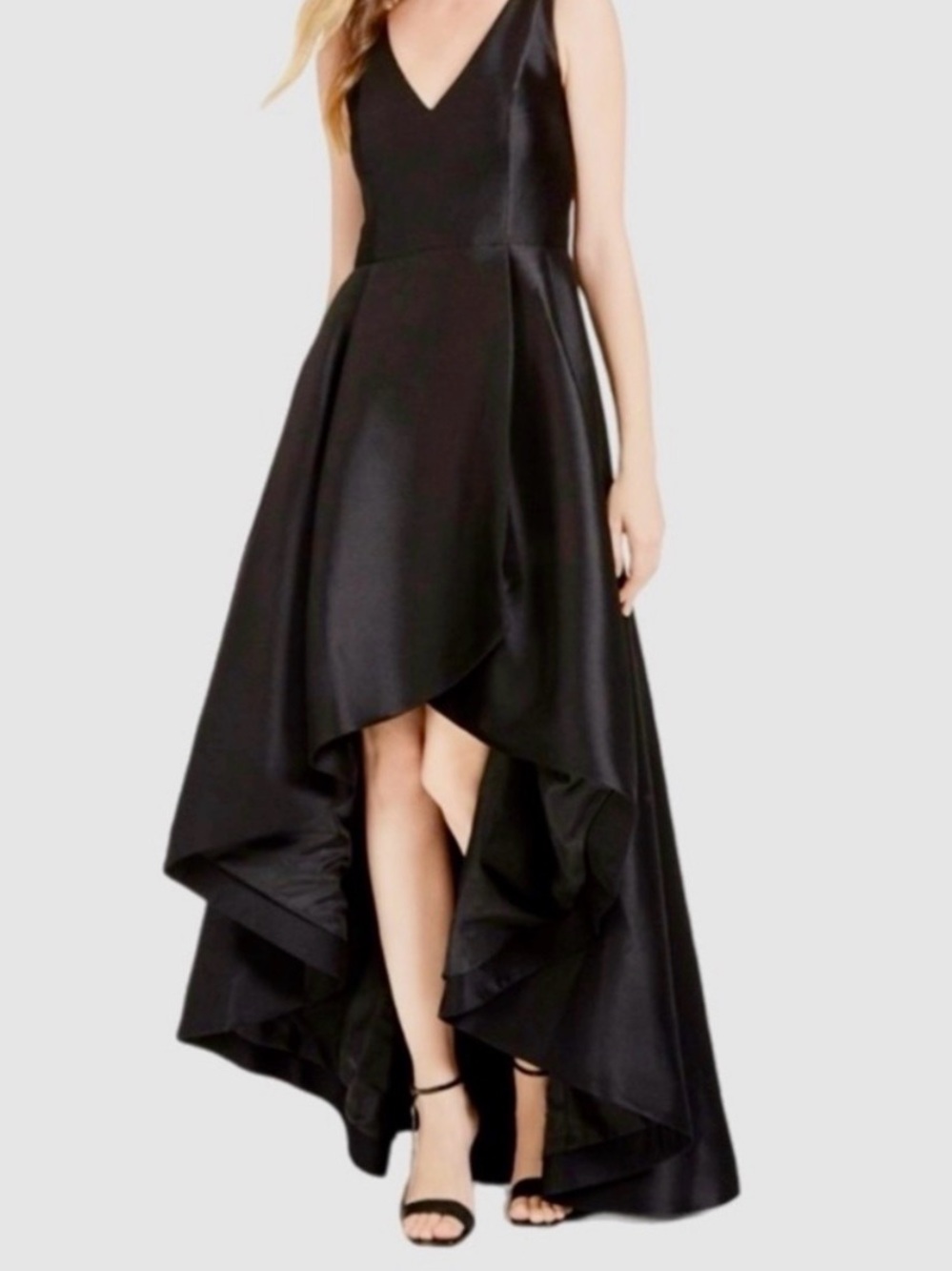Calvin Klein Black High-Low Satin V-Neck Dress